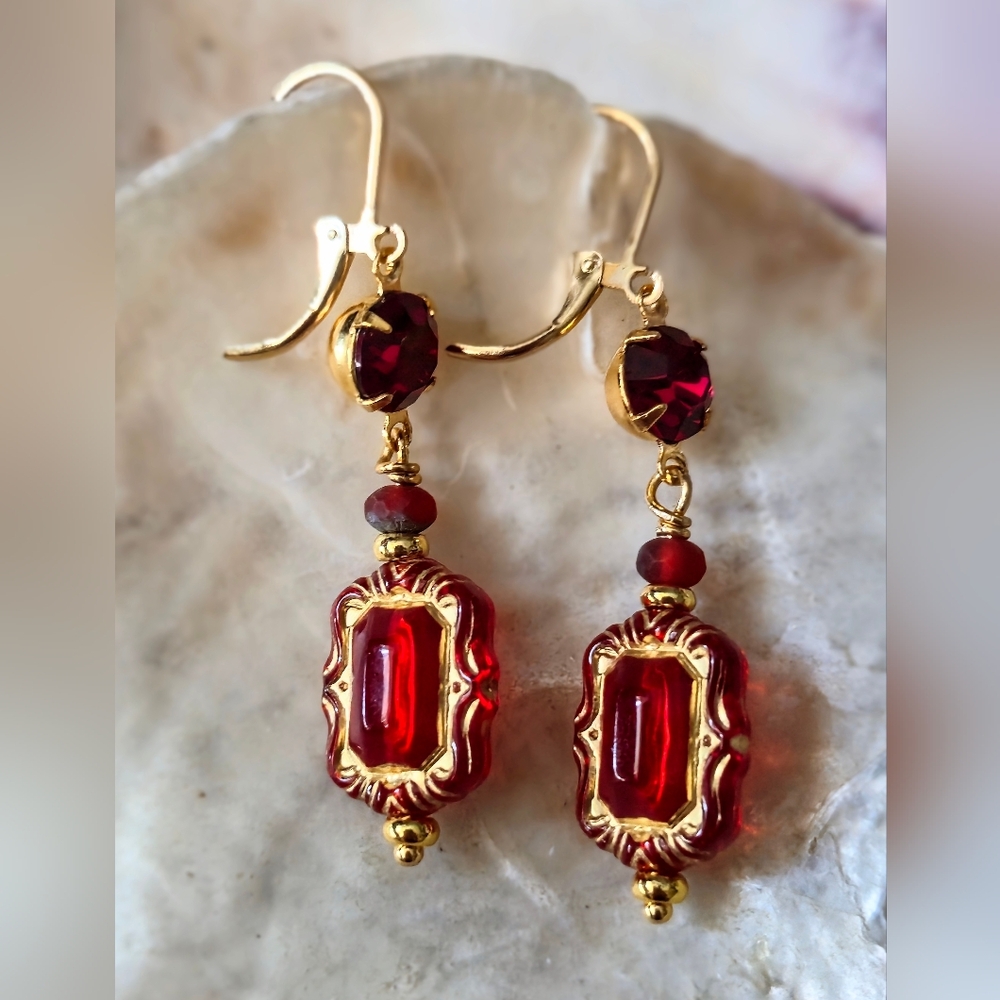 Victorian Red Ornate & Swarovski Ruby Crystal In Gold Plated Earrings